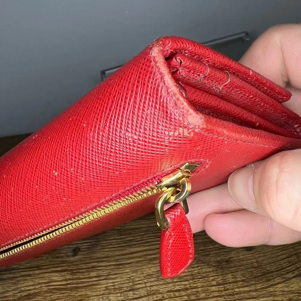Prada Peonia Red Saffiano/Metal Wallet
